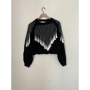 12th Tribe Black White Tassel Fringe Distressed Cropped Sweater One Size